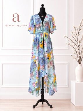 Dizzire Blue Floral Sheer Hi-Low Maxi Dress Crochet Waist